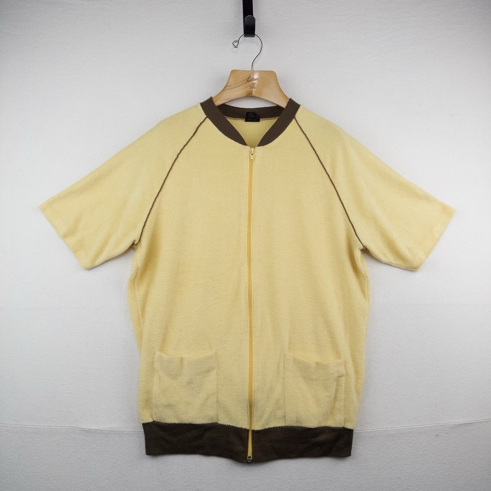 70s Vtg Jantzen Mens XL Yellow Terry Short Sleeve Zip Cabana Pool Shirt Made USA